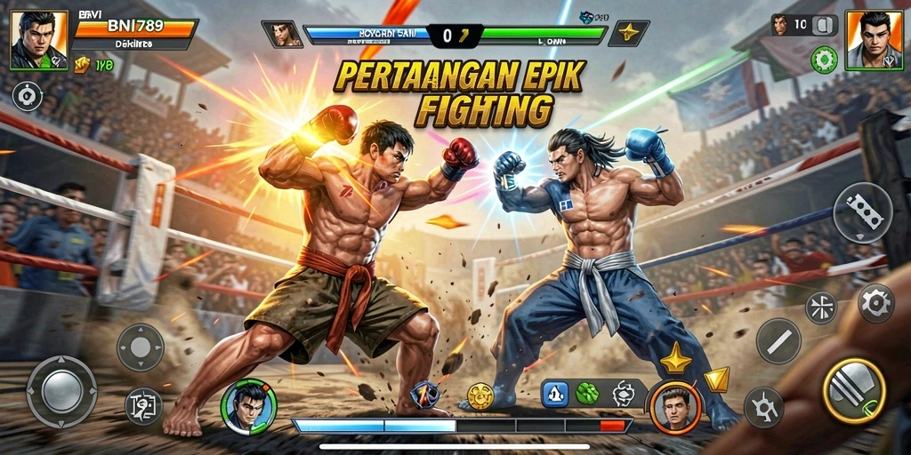 Tangkapan layar utama BNI789 menunjukkan aksi pertarungan seru.