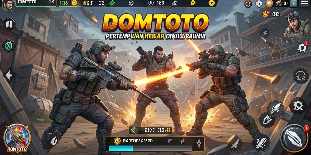 Screenshot DOMTOTO menampilkan aksi seru dalam pertempuran Battle Royale.
