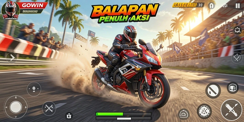 Tampilan gameplay seru GOWIN dengan balapan motor yang memukau.