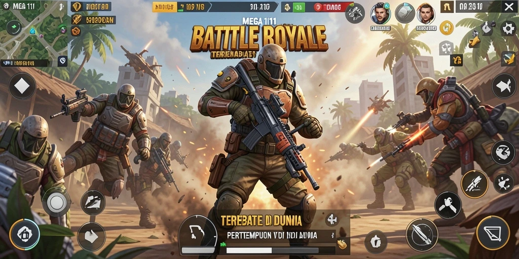 Tangkapan layar MEGA111 menampilkan aksi seru Battle Royale dengan gameplay berkualitas tinggi.