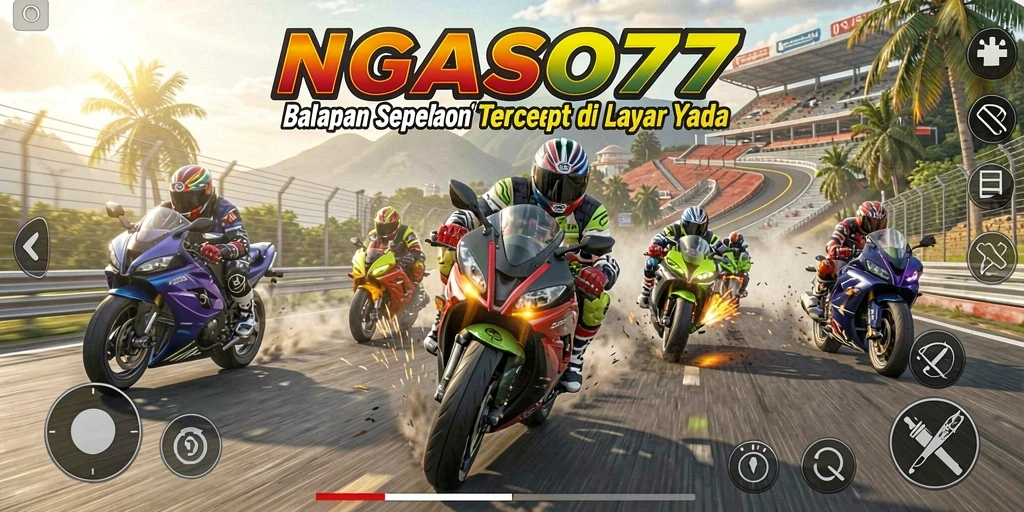 Tampilan gameplay NGASO77 dengan balapan sepeda motor yang mendebarkan.