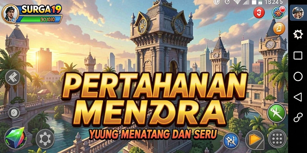 Screenshot utama SURGA19 menampilkan aksi menara bertahan dari serangan musuh.
