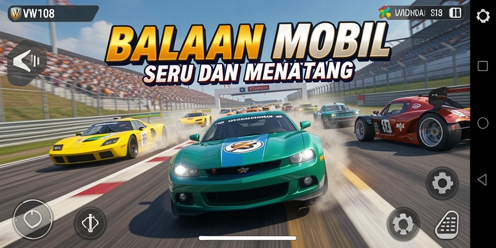 Screenshot gameplay VW108 menampilkan balapan mobil yang mendebarkan.